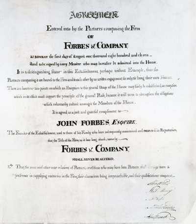 Partnerschaftsvereinbarung für Forbes und Company, Bombay, 1811 von Scottish School